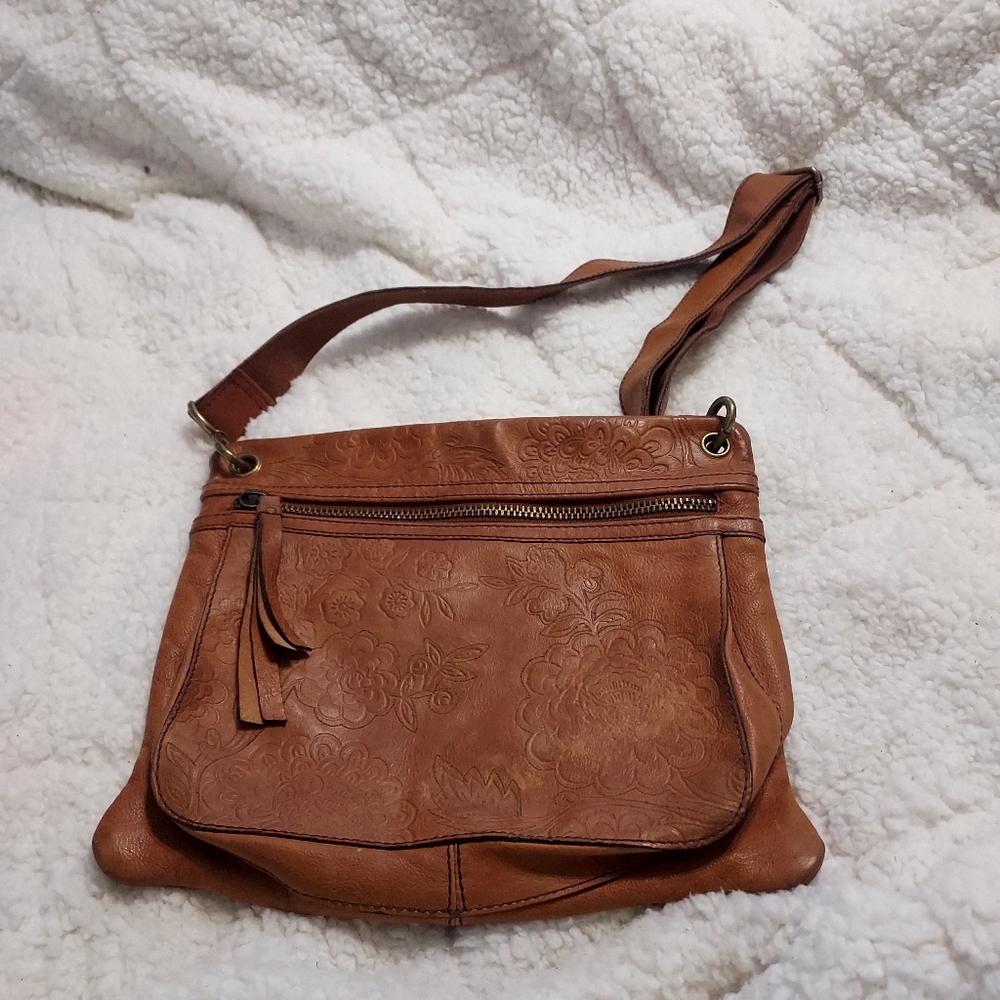 Fossil Sasha Floral Tooled Stitched British Tan Leather Crossbody Bag Boho - Picture 2 of 16
